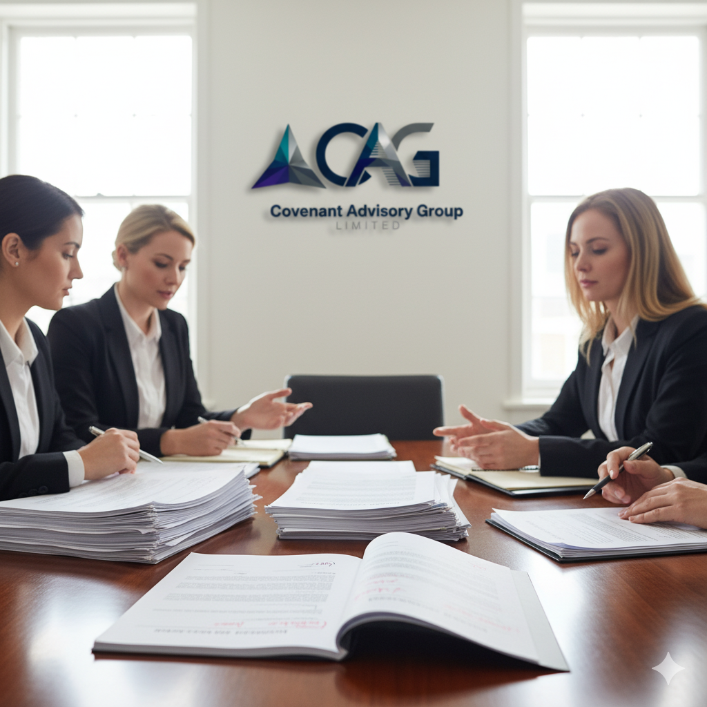 Team of advisors reviewing high-volume contracts at Covenant Advisory Group